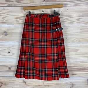 Mosbrook Kilt Skirt Womens 24 Red Plaid Pure Wool Pleated Tartan Wrap Vintage